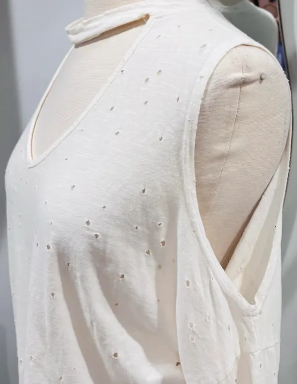Poof! Distressed Ecru/ Off White Choker Cold-Shoulder Tie-Front Top - Image 3
