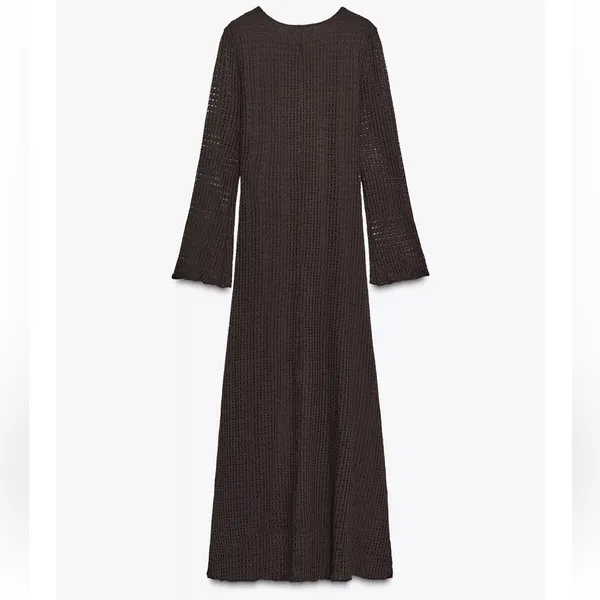 Zara NWT brown knit gold detail key hole front long sleeve midi maxi dress - Image 9