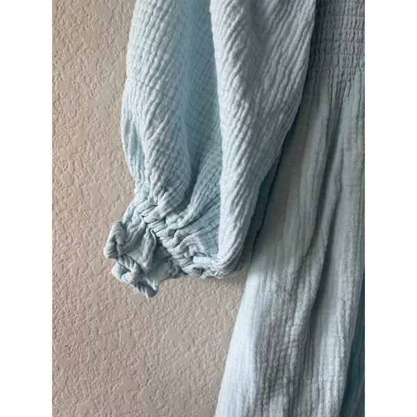 Kourt Portia Smocked Mini Dress Blue Babydoll Square Neck Balloon Sleeve Cotton - Image 3
