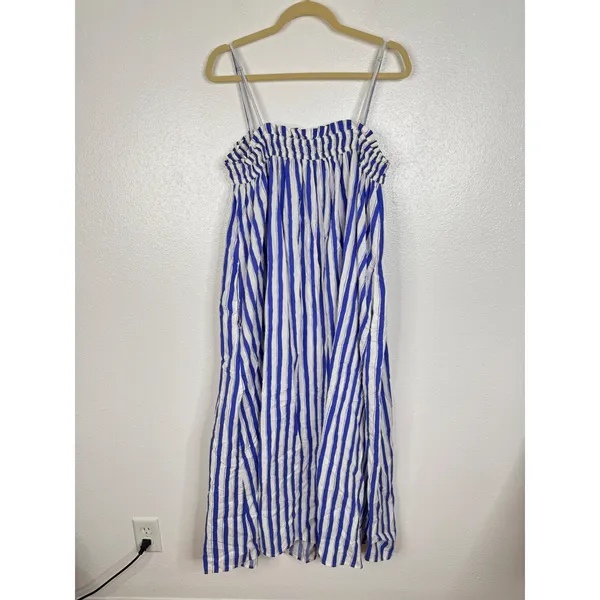 Madewell Blue White Striped Cotton Smocked Midi Dress Pockets NR102 Womens Large - Image 2