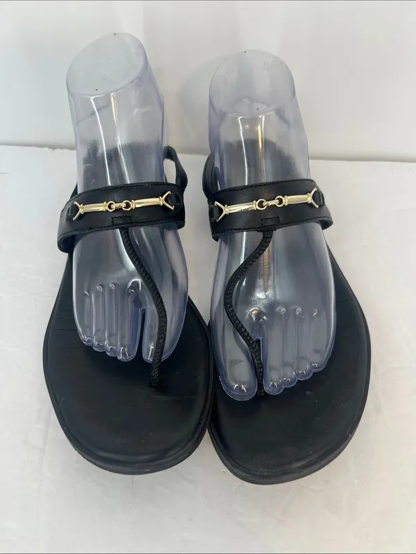 ARKET Black Leather Thong Sandals Women’s EU 38 with gold made in Portugal - Image 2