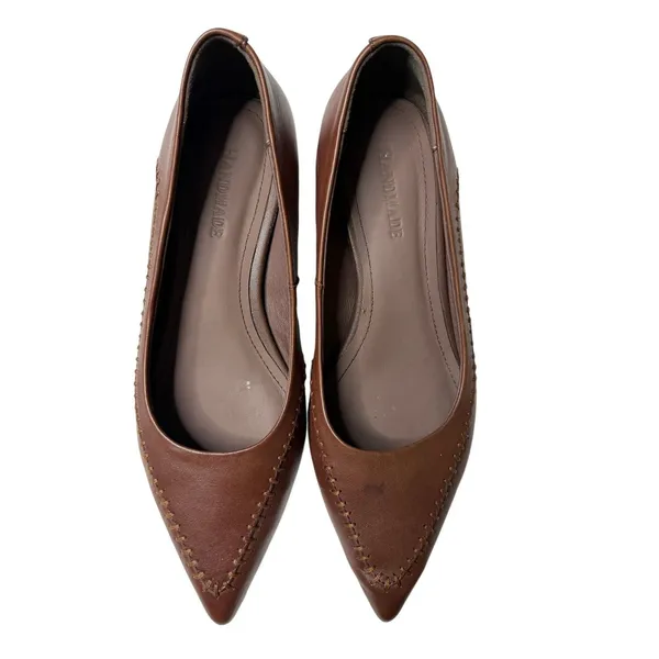 Handmade Brown Leather Pointed Toe Flats Size 6.5 (230) Whipstitch Low Heel - Image 3
