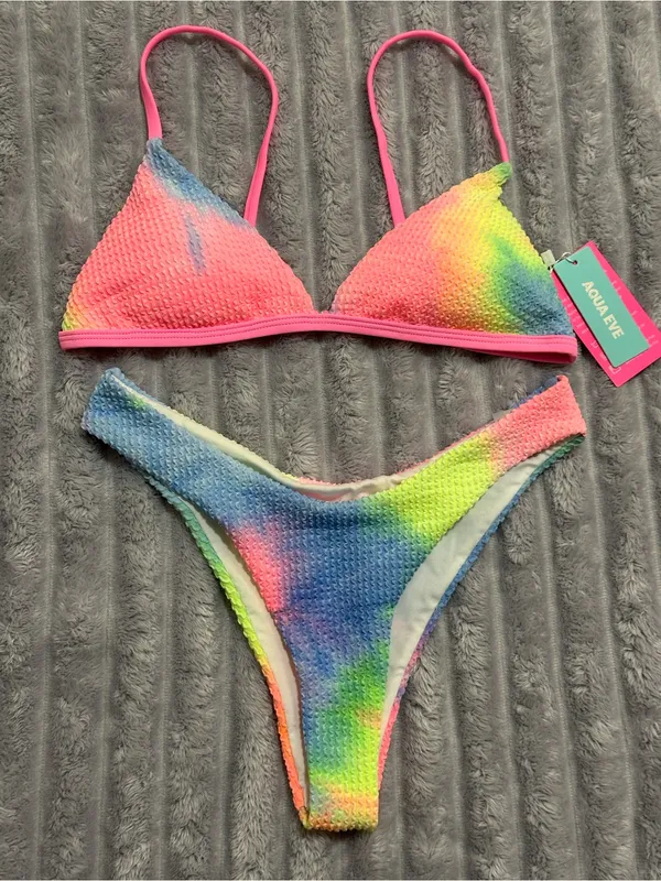 AQUA Eve Tie-Dye Bikini Set — Rainbow Textured — Size Small - Image 3