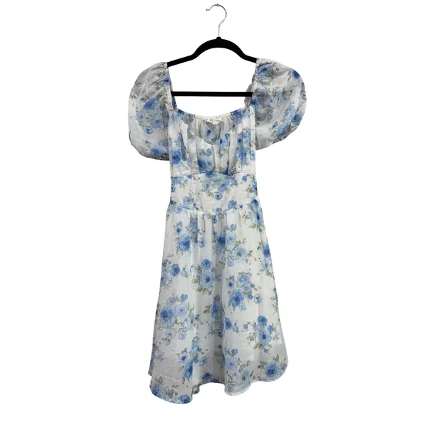 Blu Pepper Blue Floral Puff Sleeve Cutout Back Mini Dress Size Small - Image 3