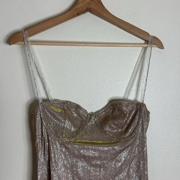 Elegant LOW-CUT GLITTER CAMI DRESS in apricot ladies size medium stretch cute - Image 3