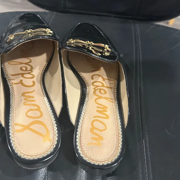 Sam Edelman Black Patent Mules with Gold Detail - Image 4