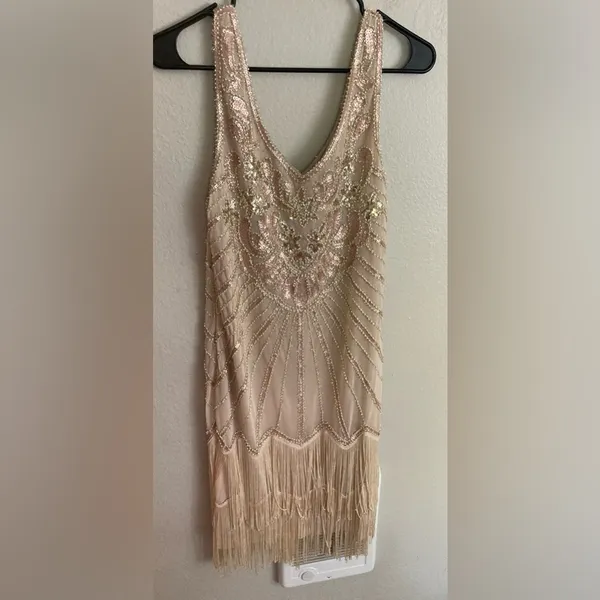 Babeyond Beaded Fringe Flapper Dress Size Medium Cream Colored - Image 3