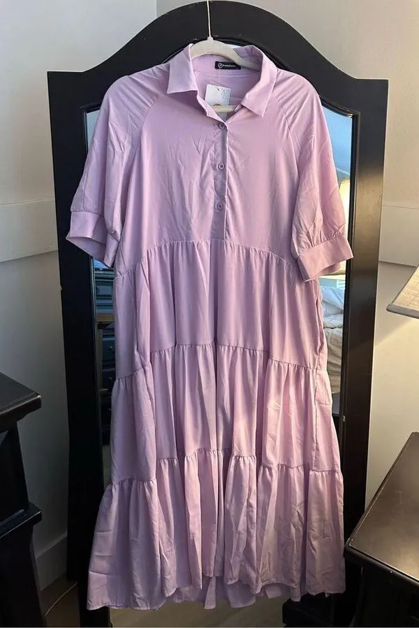 NEW Short Sleeve Button Up Ruffle A Line Flowy Maxi Dress L - Image 5