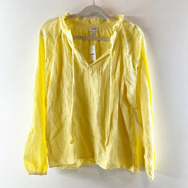 J. Crew Gauze Long Sleeve Tie Neck Top Blouse Sun Yellow Medium - Image 2