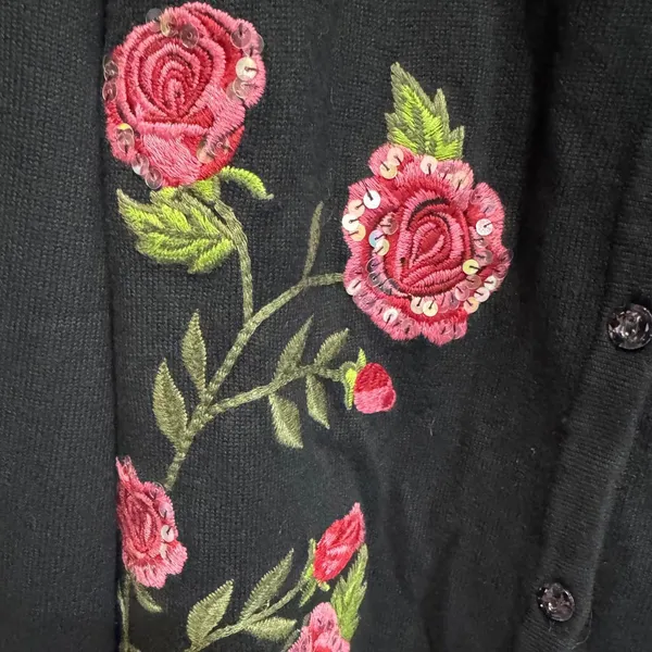 Quacker Factory Vintage Black Rose Sequin Embroidery Cardigan Plus Size 1X - Image 3