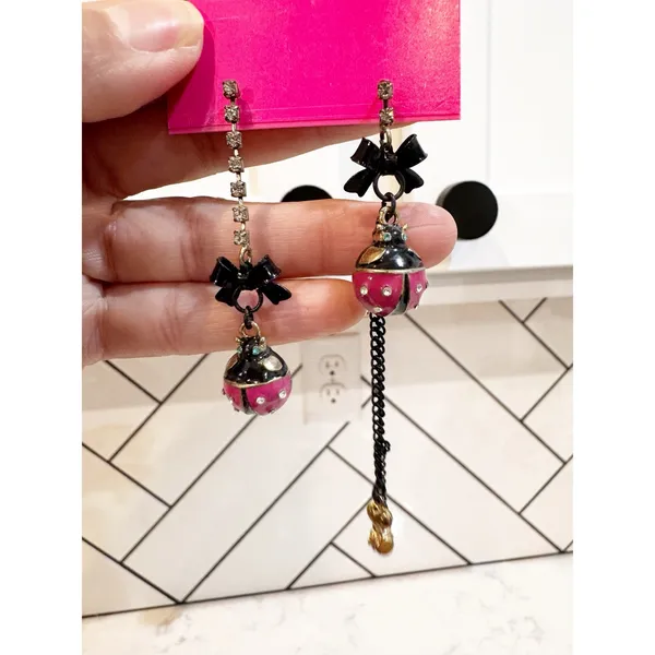 Betsey Johnson Ladybug Earrings crystal post stud black bows pink ladybug dangle - Image 3