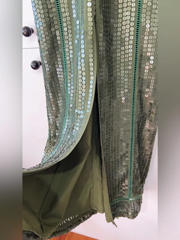 ASOS Olive Green Sequin Maxi Dress Deep V Front Slit Glam Evening Gown US 6 - Image 7