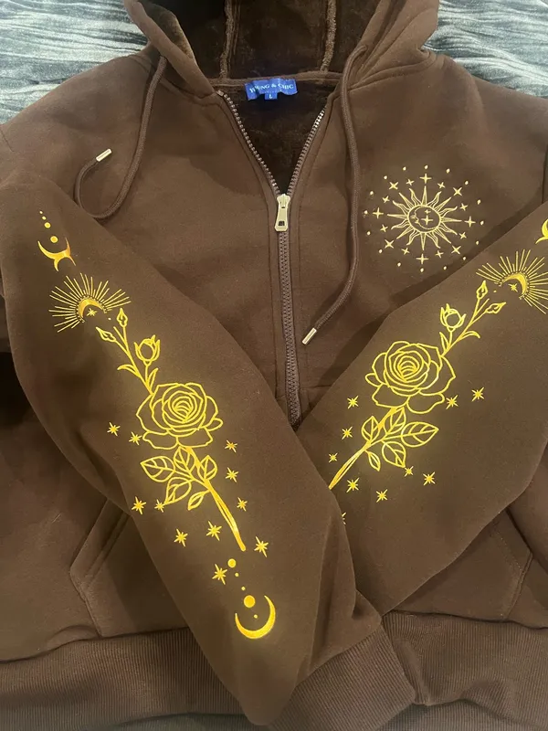 Brown Zip-Up Hoodie Jacket with Gold Sun Graphic size L - Image 2