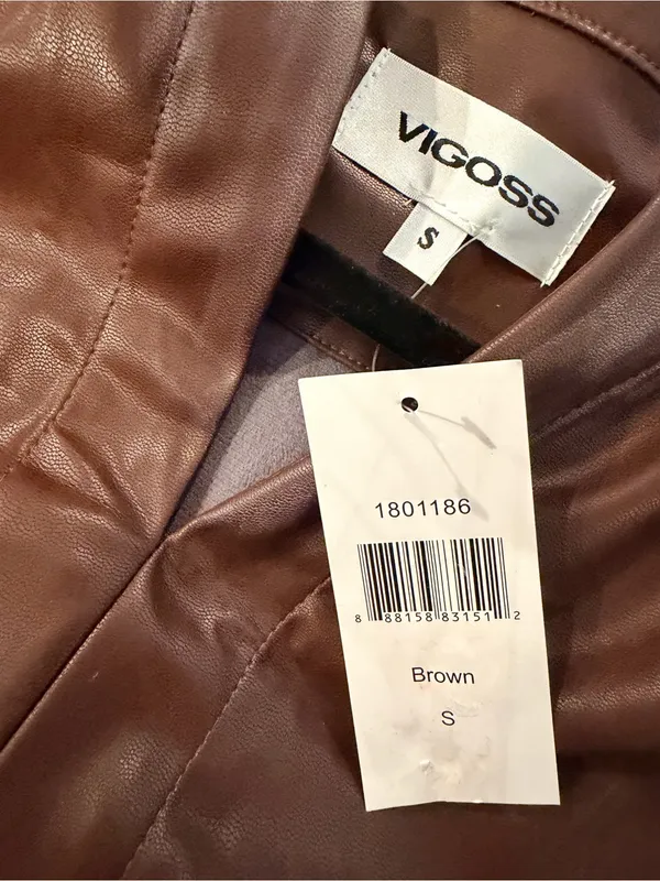 NWT Vigoss Size S Brown Faux Leather Mini Dress Puff Sleeve Smocked Waist V Neck - Image 9