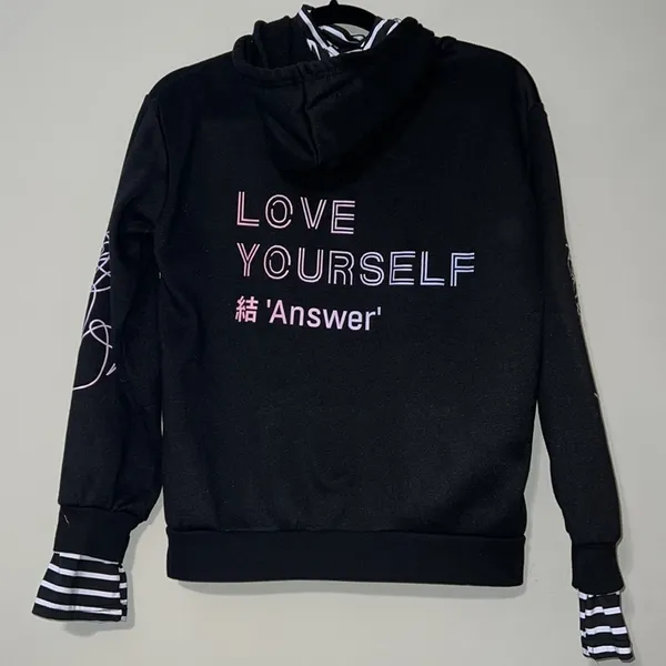 BTS LOVE YOURSELF medium (8) hoodie striped add on sleeves and around neck - Image 9