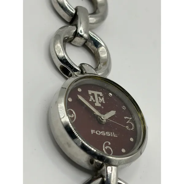Fossil College Collection Texas A‎ & M Logo Maroon Face Silver Chain Watch - Image 5