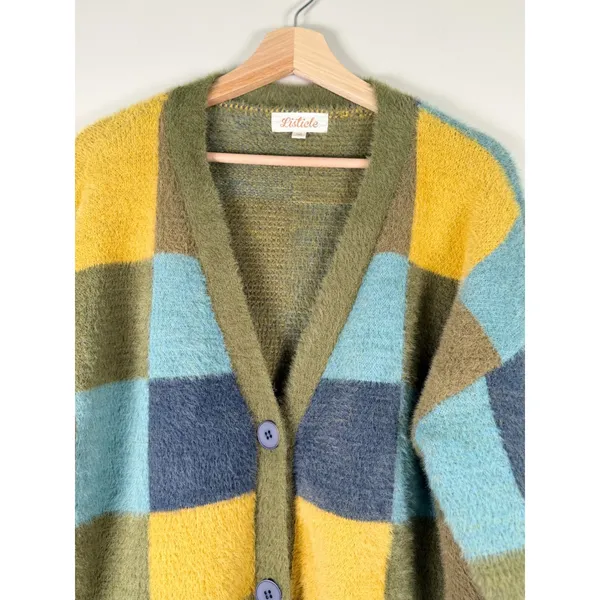Listicle Women Green Yellow Blue Checkerboard‎ Fuzzy Eyelash Knit Cardigan Large - Image 3