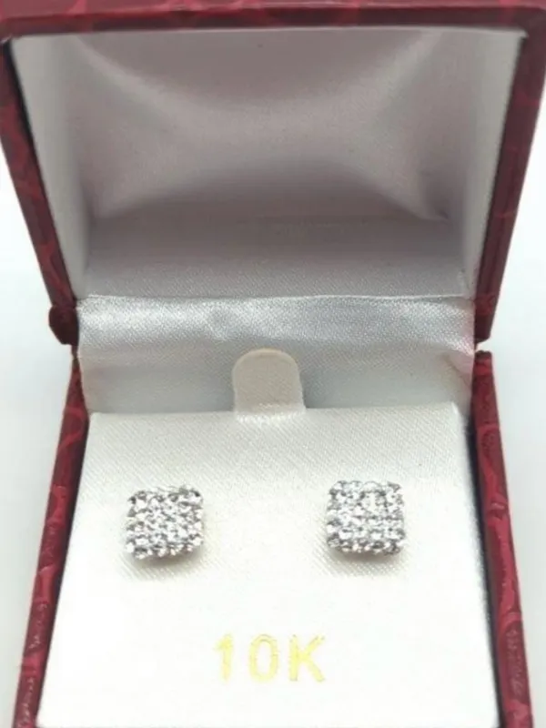 10K Yellow Gold Crystal Encrusted Square Stud Earrings - Image 11