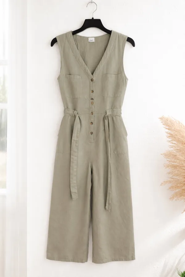 A New Day Linen Blend Sleeveless Jumpsuit - Tan/Oatmeal - Size Small - Image 2