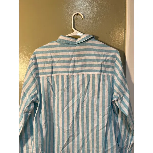 Gap Womens Sz Medium Linen Blend Easy Shirt Button Down Teal White Stripe Pocket - Image 9