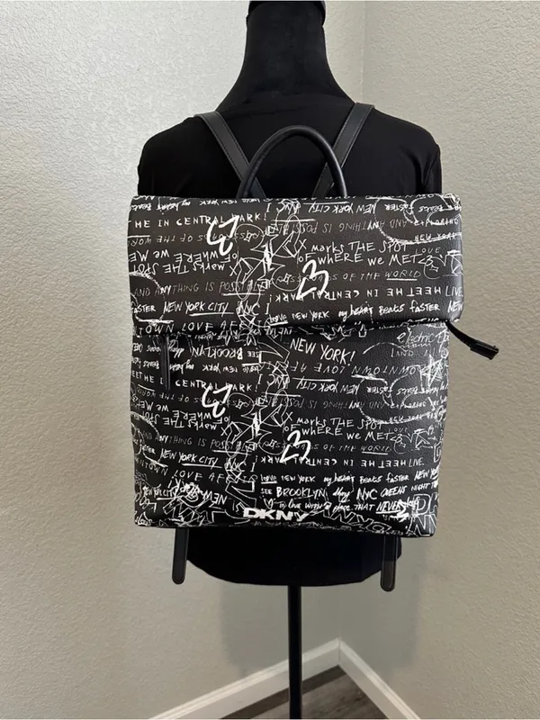DKNY Black and White Graffiti Backpack - Image 3