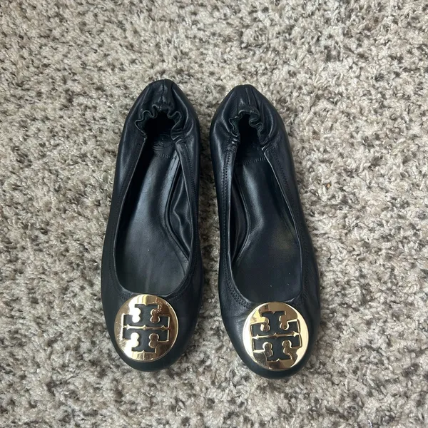 Tory Burch Black Flats with Gold Logo - Image 5