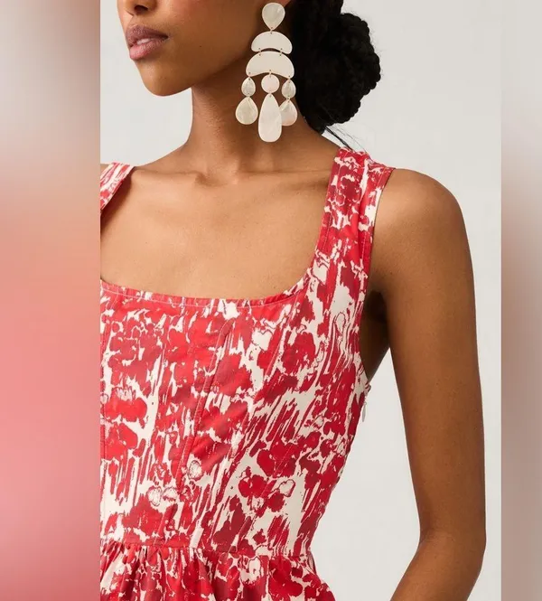 Anthropologie Aureta Square Neck Corset Midi A Line Dress Red White size M - Image 3