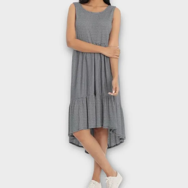 London Times White Navy Stripe Trapeze Tiered Midi Dress Size 6 - Image 2
