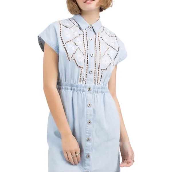 POL Chambray Denim Prairie Midi Dress Embroidered Eyelet Blue S NWOT - Image 3