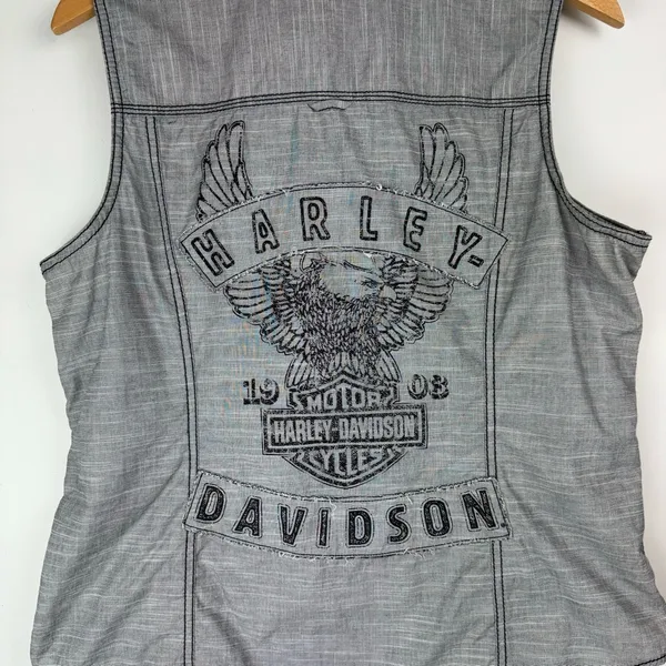 Harley Davidson Y2K Button Down Shirt Vest Sz XL Grey Graphic Back - Image 11