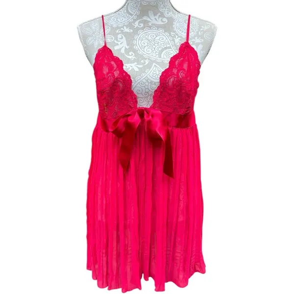 Victoria's Secret Red Lace Satin Bow Babydoll Chemise XL Lingerie Chiffon - Image 4