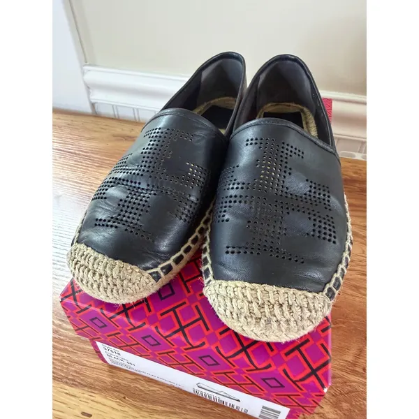 Tory Burch Black Perforated Logo Nappa Leather Espadrille Flats Size 6.5 - Image 11