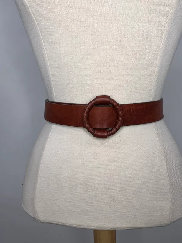Womens Leather Boho Minimalist Brown Buckle Belt - Image 3