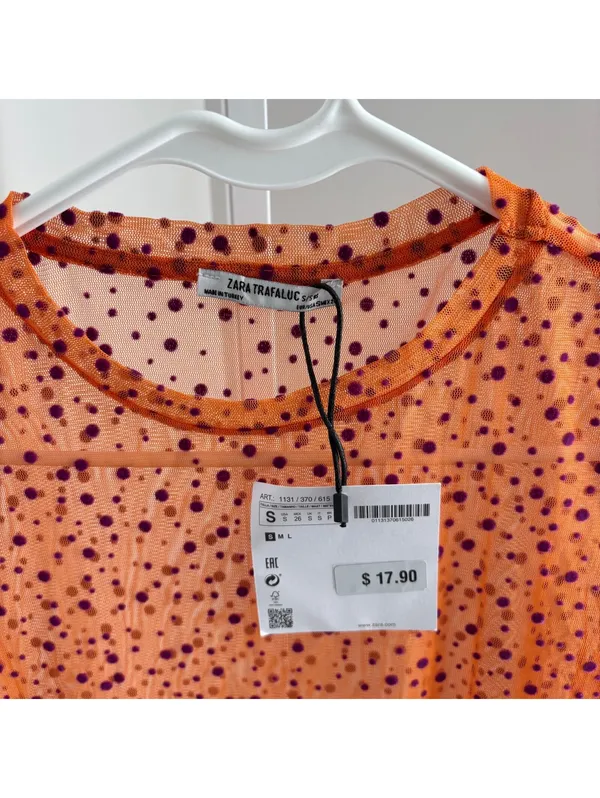 Zara NWT Women's Orange Sheer Mesh Purple Polka Dot Pattern Blouse Top Size S - Image 3