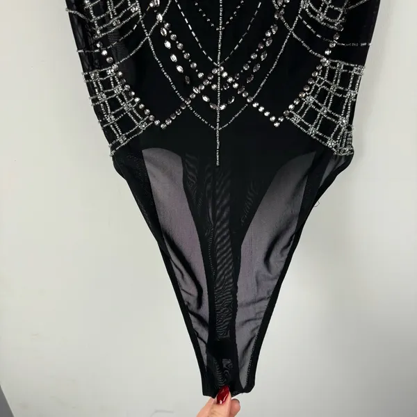 BKE Black Sheer Mesh Bodysuit Sz Large Embellished Jewel Rhinestone Y2K - Image 9