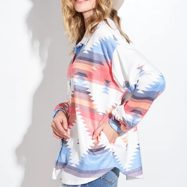 Western Coastal Cowgirl Diamond Aztec Cream Button Shacket with Collar & Pockets - Image 11