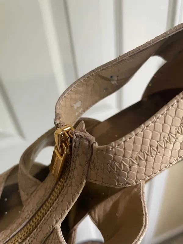 Michael Kors Taupe Preppy Quiet Luxury Textured High Heel Sandals - Image 4
