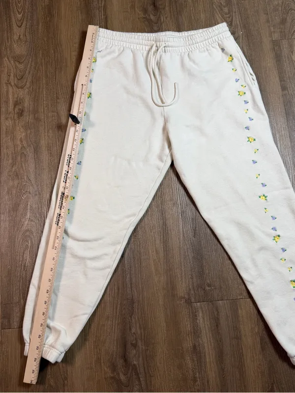 PINK Victoria's Secret Cream Joggers with Yellow Floral Trim - Image 4