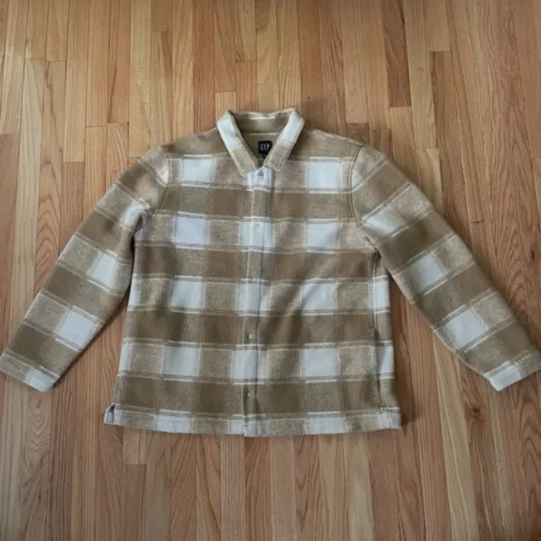 Gap Plaid Fleece Jacket Womens XL Tan Minimalist Fall Granola Western Neutral - Image 2