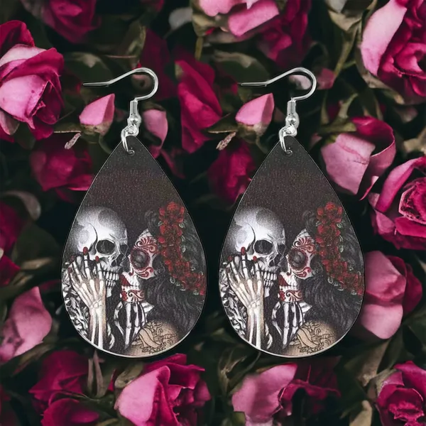 Gorgeous Kiss Skeleton Print Teardrop Dangle Earrings‎ - Gothic Retro Style - Image 5