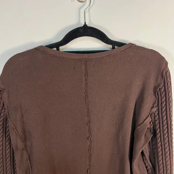 Lucky Brand Womens Brown Waffle Knit Henley‎ Top Cable Knit Sleeves Large boho - Image 8