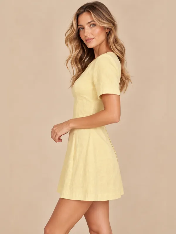 A&F Butter Yellow Linen Cotton Blend Button Back Detail Mini A-Line Sheath Dress - Image 2