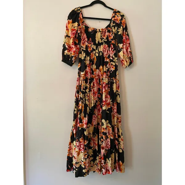 Anthropologie Black Pink Floral Blossom Maxi Dress Puff Sleeve Women's size XS - Image 6