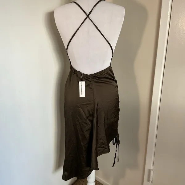 CBR Brown Satin Halter Backless Dress Side Tie Asymmetrical Medium - Image 6