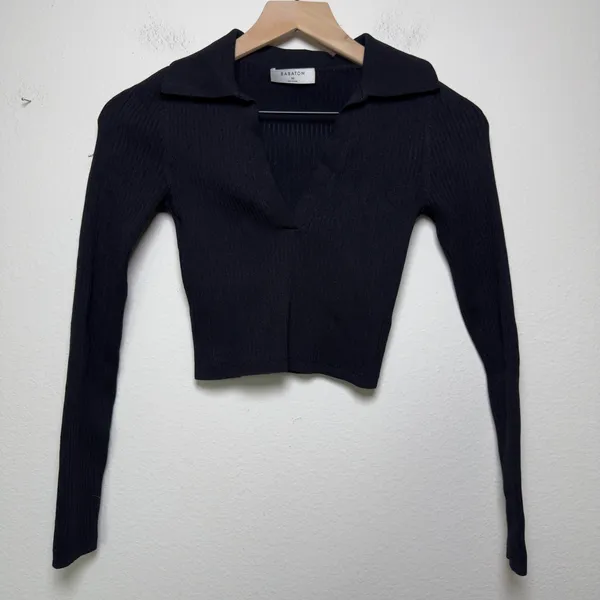 Babaton Women Sculpt Knit Polo Long Sleeve‎ Top XS Black Ribbed V-Neck Crop - Image 2