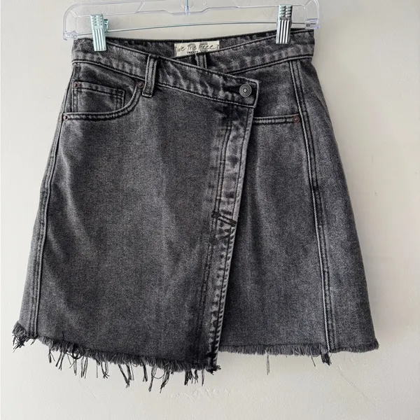 Free People We The Free Parker Wrap Mini Skirt Raw Hem Denim Black‎ Washed - Image 2