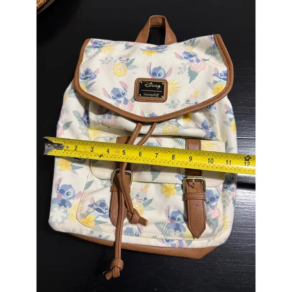 Disney Loungefly Stitch Floral Canvas Mini Backpack Cream Faux Leather Trim - Image 3