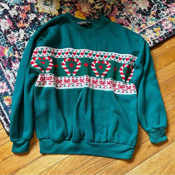 Vintage Sporting Club Candy Cane Hearts Novelty Christmas Sweater Womens Medium - Image 6