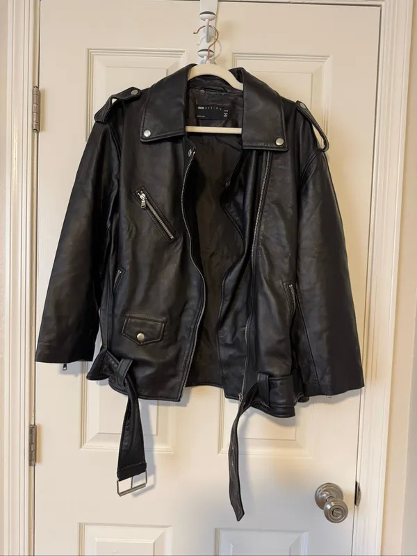 ASOS DESIGN Petite Premium Real Leather Oversized Biker Jacket Black US 4 - Image 4