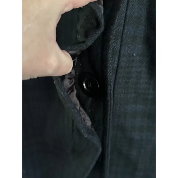 Title: Old Navy L Blue Black Plaid Wool Blend Ruffle Placket Long Coat MSRP $80 - Image 10